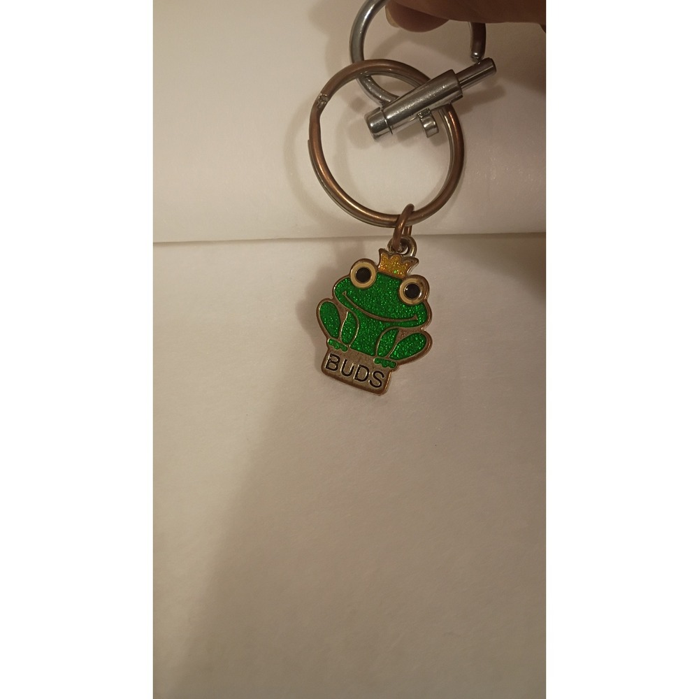 Glitter Frog Prince Keychain Green Gold Crown Buds Charm Bronze Tone Metal